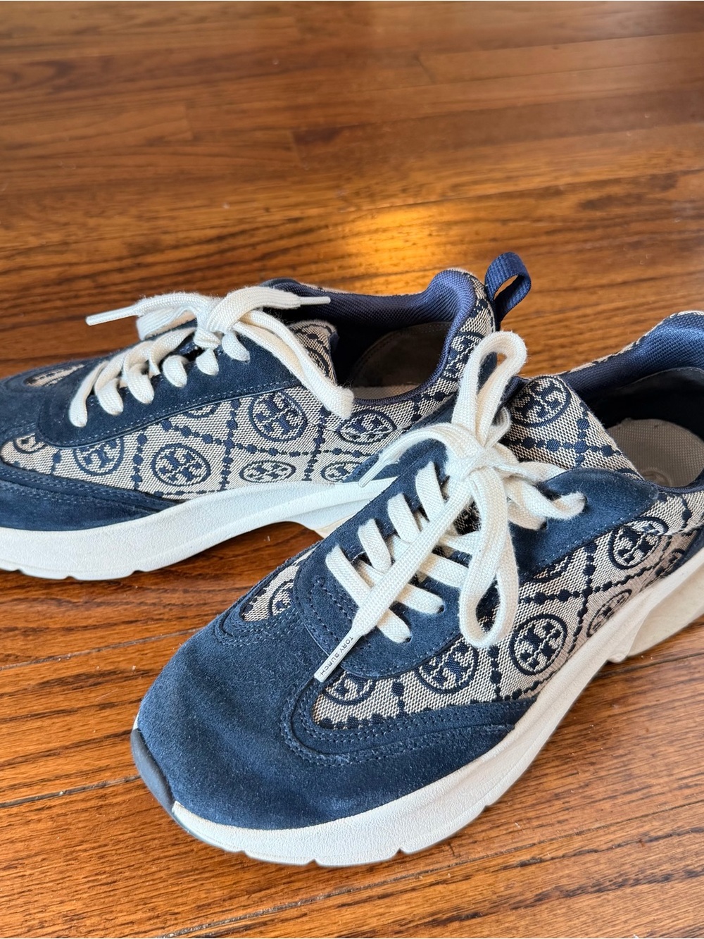 Tory Burch T Monogram Good Luck Trainer (Navy/Cream Logo-Print Lace-Up Sneakers)